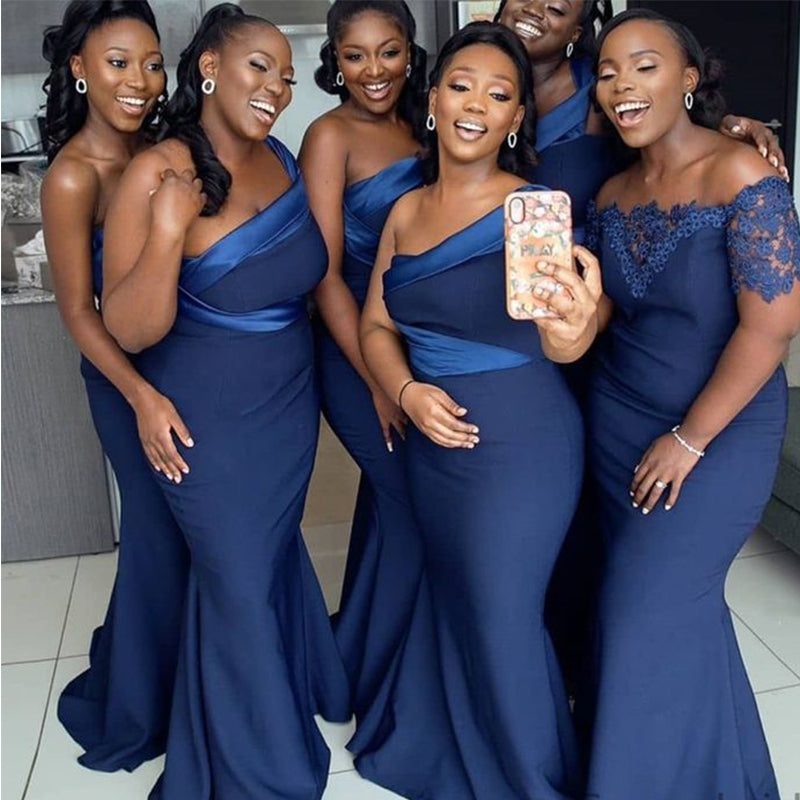 Sexy Blue One Shoulder Mermaid Satin Dresses for Maid of Honor, Bridesmaid Dresses, CP393