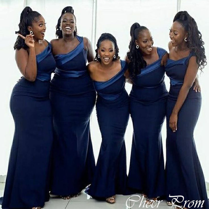 Sexy Blue One Shoulder Mermaid Satin Dresses for Maid of Honor, Bridesmaid Dresses, CP393