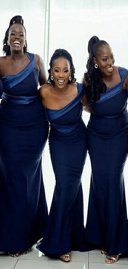 Sexy Blue One Shoulder Mermaid Satin Dresses for Maid of Honor, Bridesmaid Dresses, CP393