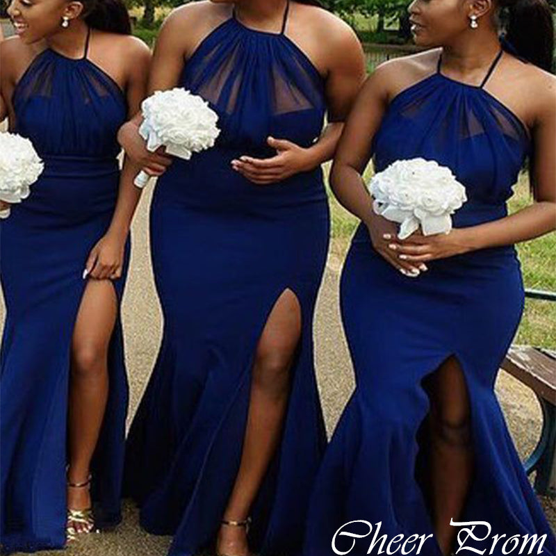 Sexy Blue Halter Strap Mermaid Side Slit Satin Dresses for Maid of Honor, Bridesmaid Dresses, CP394