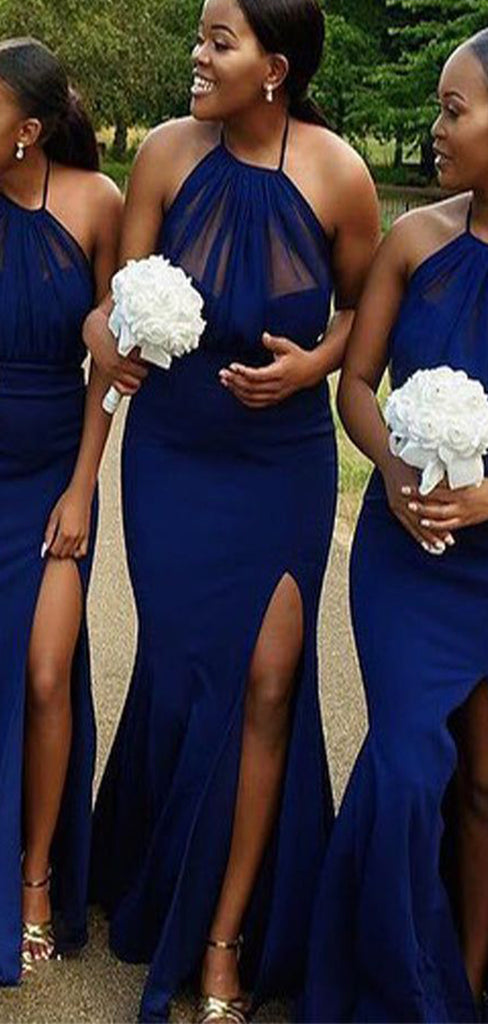 Sexy Blue Halter Strap Mermaid Side Slit Satin Dresses for Maid of Honor, Bridesmaid Dresses, CP394