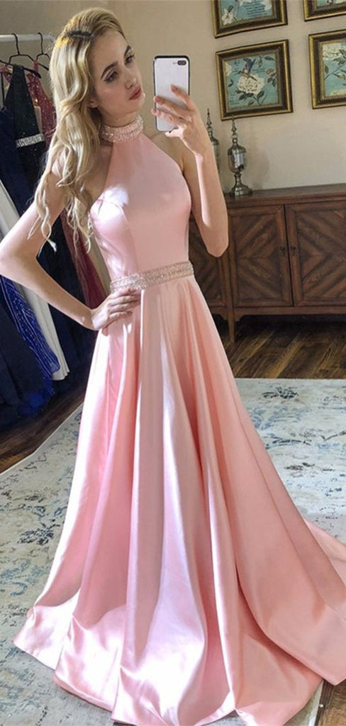 Elegant Pink Halter Pleats A-Line  Popular Maxi Long Party Prom Dresses, FM589