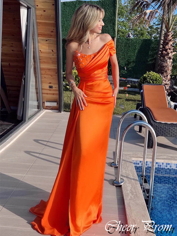 Gorgeous Orange Sweetheart One Shoulder Mermaid Popular Maxi Long Party Prom Dresses, FM595