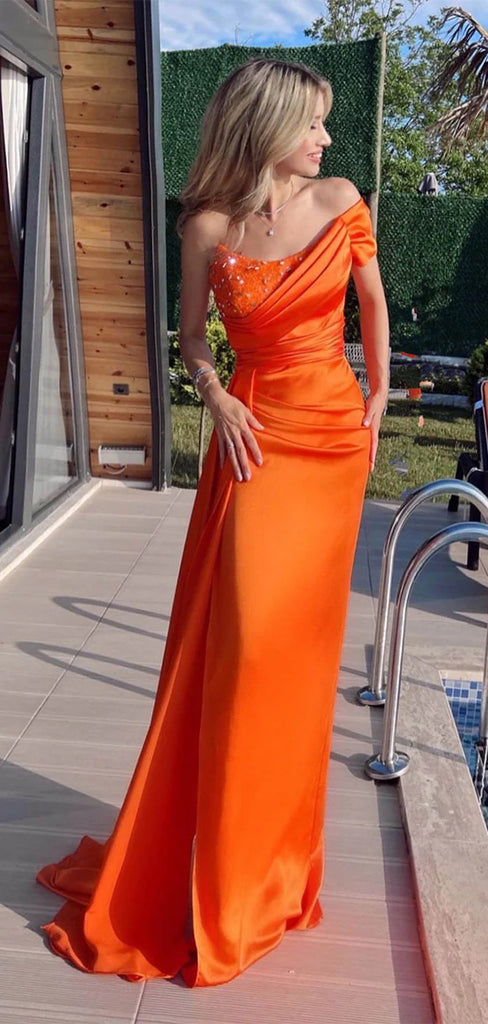Gorgeous Orange Sweetheart One Shoulder Mermaid Popular Maxi Long Party Prom Dresses, FM595