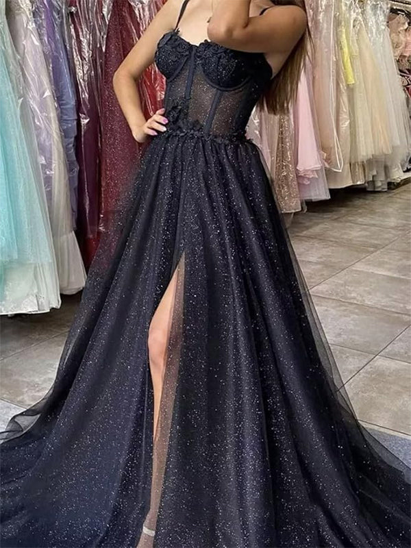 Elegant Black Spaghetti Strap Side Slit A-Line Popular Maxi Long Party Prom Dresses, FM598