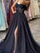 Elegant Black Spaghetti Strap Side Slit A-Line Popular Maxi Long Party Prom Dresses, FM598