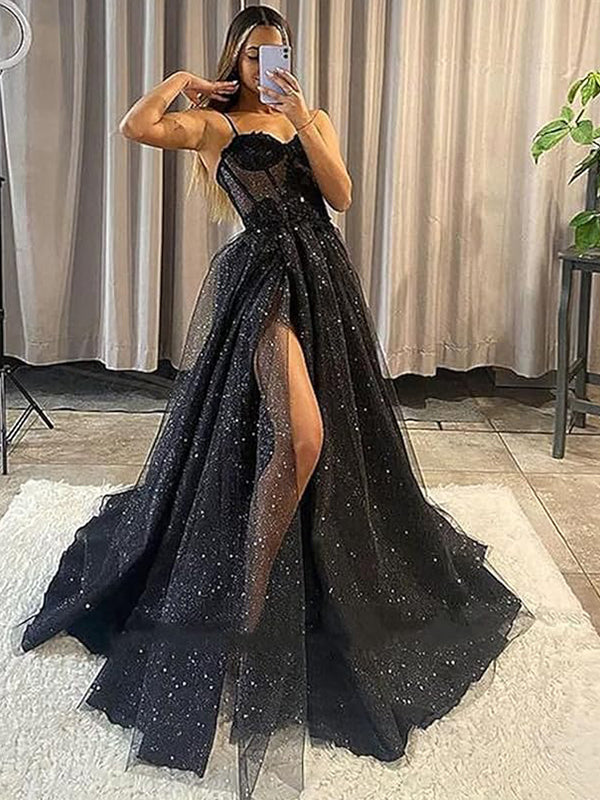 Elegant Black Spaghetti Strap Side Slit A-Line Popular Maxi Long Party Prom Dresses, FM598