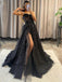 Elegant Black Spaghetti Strap Side Slit A-Line Popular Maxi Long Party Prom Dresses, FM598