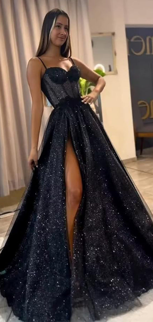 Elegant Black Spaghetti Strap Side Slit A-Line Popular Maxi Long Party Prom Dresses, FM598