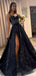Elegant Black Spaghetti Strap Side Slit A-Line Popular Maxi Long Party Prom Dresses, FM598