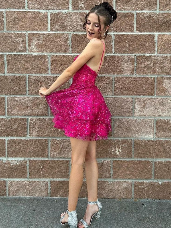 Gorgeous Pink Spaghetti Strap Sleeveless Sleeveless Flower Applique Popular Short Homecoming Prom Dress, CPH279