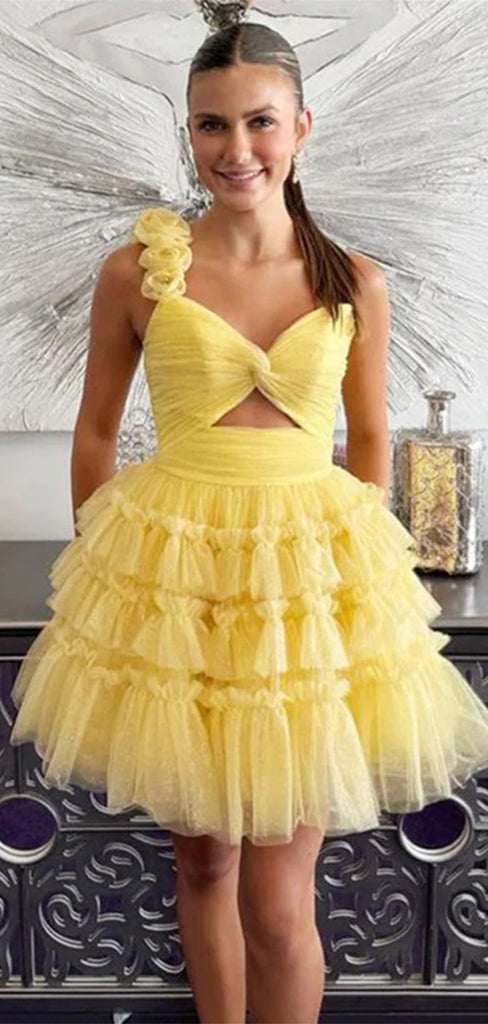 Gorgeous Yellow Ball Gown Ruffle Sleeveless Sleeveless Flower Applique Popular Short Homecoming Prom Dress, CPH281