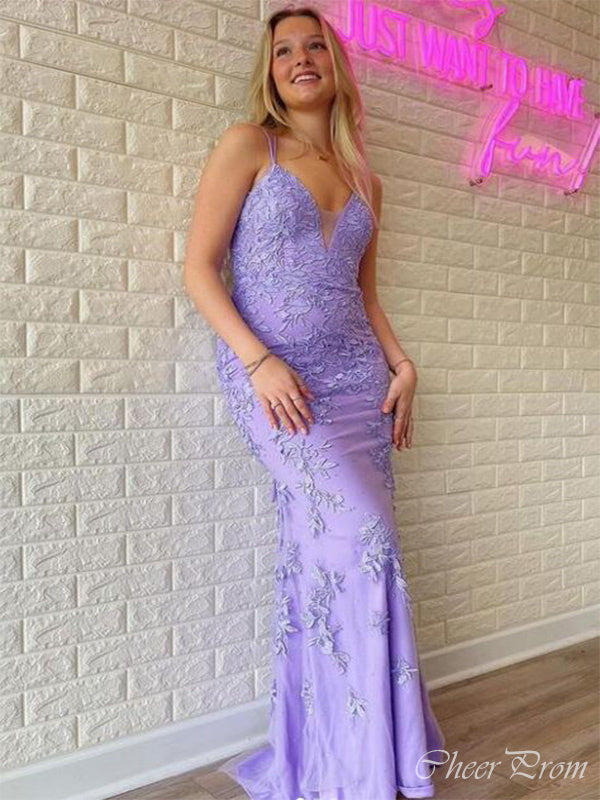 Gorgeous Lilac Mermaid V Neck Spaghetti Straps Lace Up Applique Long Maxi Party Prom Dresses,Evening Dress,FM02