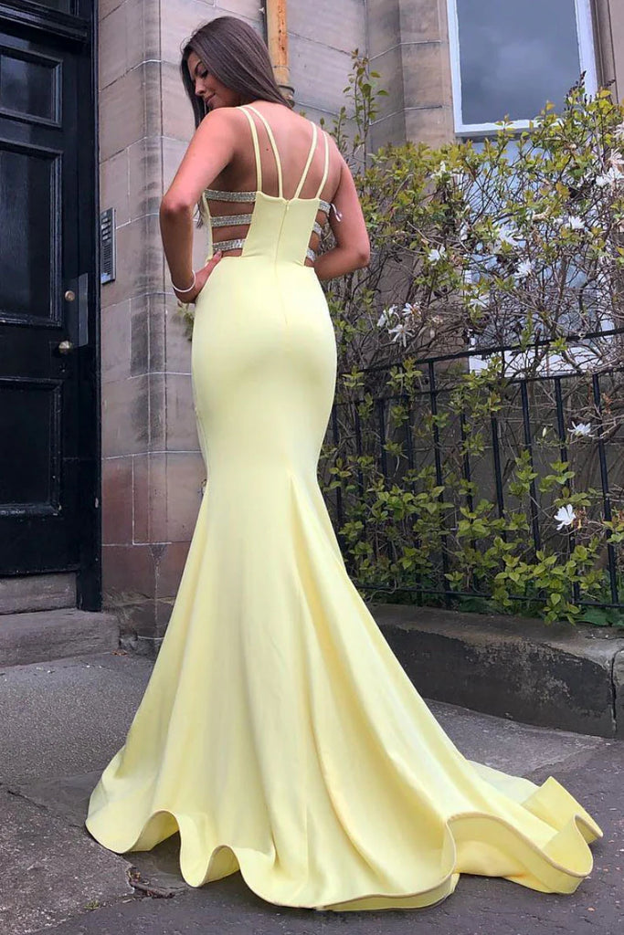 Elegant Yellow Mermaid Spaghetti Straps V Neck Long Party Prom Dresses,Evening Gowns,FM06