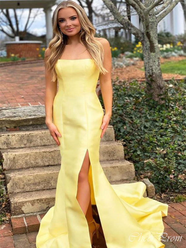 Elegant Light Yellow Mermaid Side Slit Strapless Long Party Prom Dresses,Evening Gowns,FM08