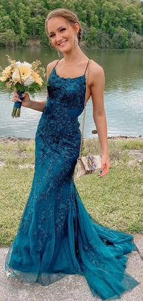 Unique Mermaid Spaghetti Straps V Neck Sleeveless Lace Maxi Long Party Prom Dresses, Evening Gowns, FM375