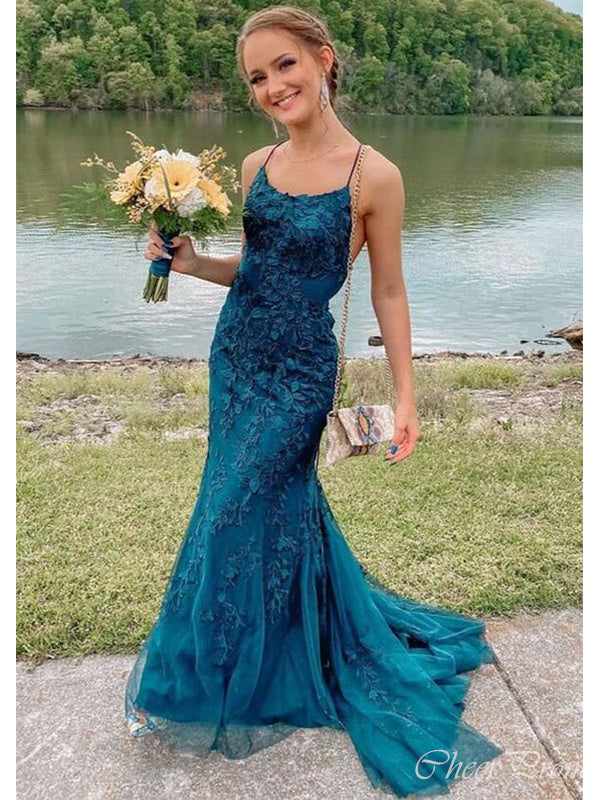 Unique Mermaid Spaghetti Straps V Neck Sleeveless Lace Maxi Long Party Prom Dresses, Evening Gowns, FM375