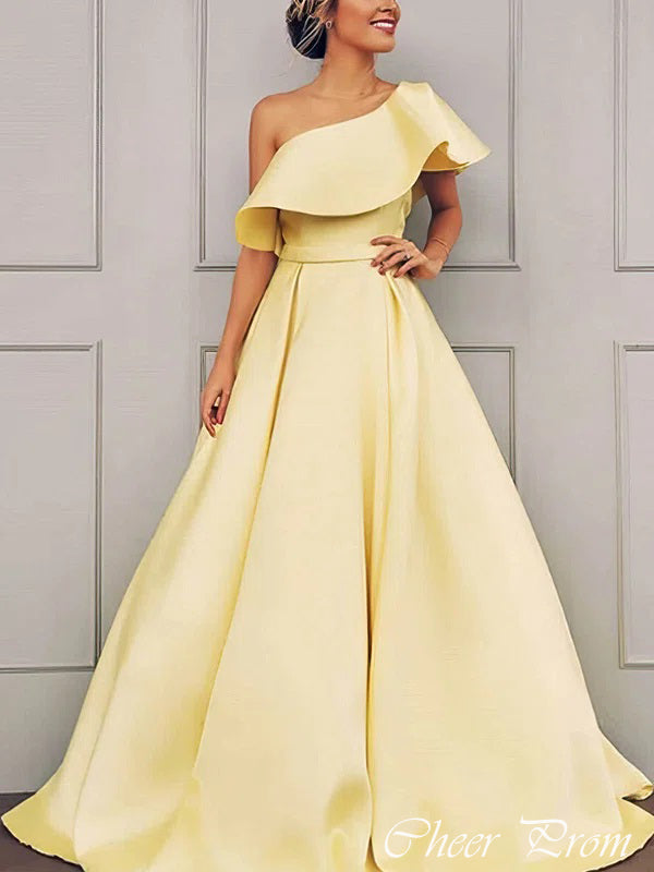 Elegant Yellow One Shoulder A-Line Sleeveless&nbsp;Popular Maxi Long Party Prom Dresses, FM572