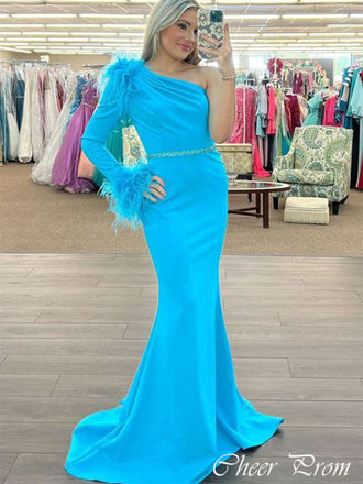 Sexy Blue One Shoulder Mermaid Unique Popular Maxi Long Party Prom Dresses, FM577