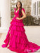 Elegant Pink V-Neck A-Line Side Slit Ruffle Popular Maxi Long Party Prom Dresses, FM580