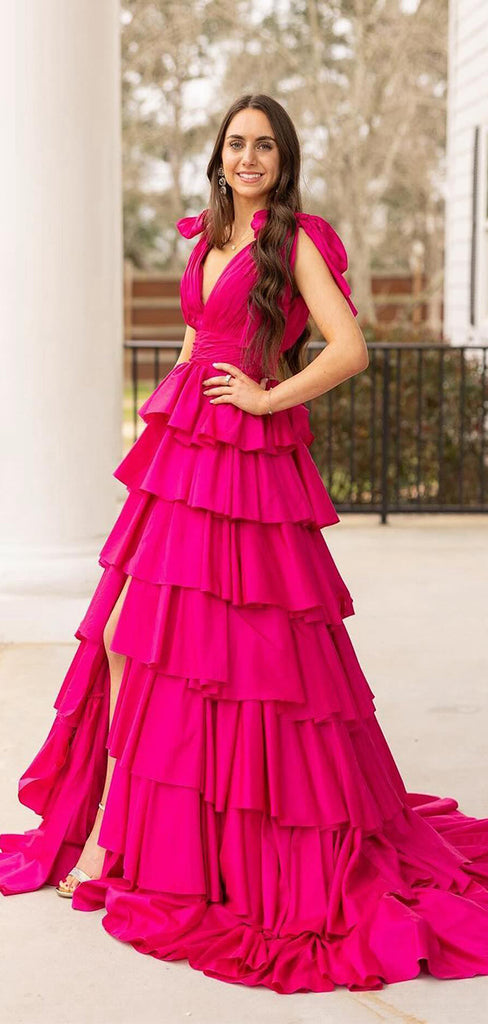 Elegant Pink V-Neck A-Line Side Slit Ruffle Popular Maxi Long Party Prom Dresses, FM580