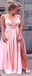 Sexy Pink A-Line Spaghetti Straps V Neck Side Slit Maxi Long Party Prom Dresses,Evening Gowns,FM100