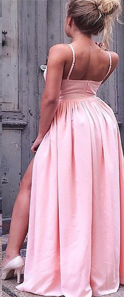 Sexy Pink A-Line Spaghetti Straps V Neck Side Slit Maxi Long Party Prom Dresses,Evening Gowns,FM100