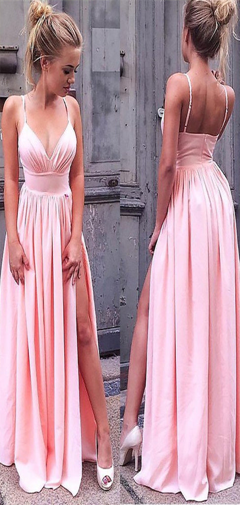 Sexy Pink A-Line Spaghetti Straps V Neck Side Slit Maxi Long Party Prom Dresses,Evening Gowns,FM100