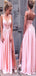 Sexy Pink A-Line Spaghetti Straps V Neck Side Slit Maxi Long Party Prom Dresses,Evening Gowns,FM100