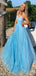 Shiny Blue A-Line Spaghetti Straps V Neck Sequin Maxi Long Party Prom Dresses,Evening Gowns,FM101