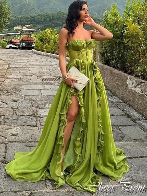 Elegant Green Sweetheart A-Line Side Slit Ruffle Popular Maxi Long Party Prom Dresses, FM581