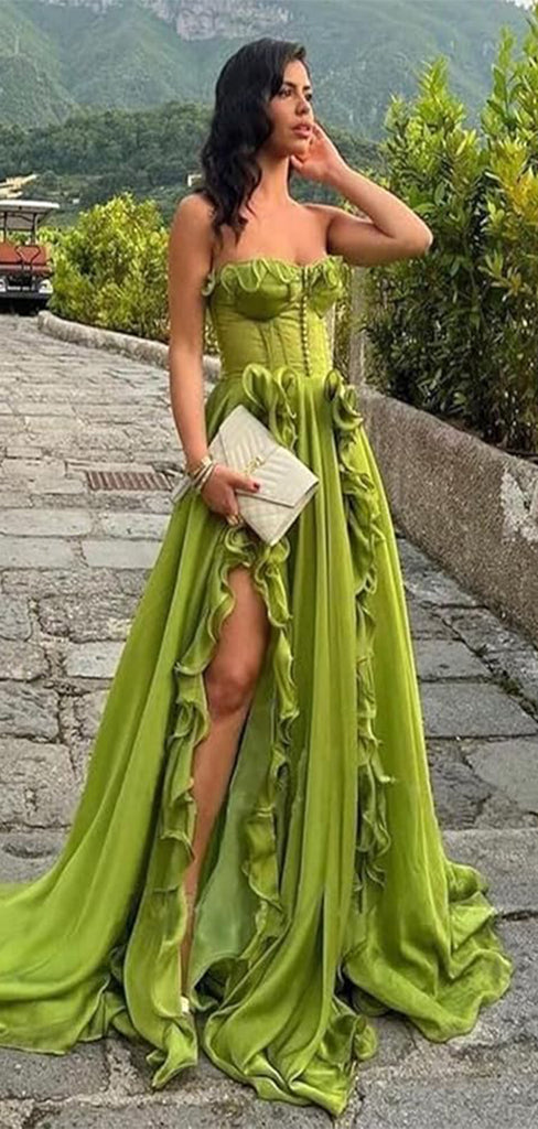 Elegant Green Sweetheart A-Line Side Slit Ruffle Popular Maxi Long Party Prom Dresses, FM581