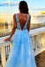 Elegant Light Blue A-Line V Neck Spaghetti Straps Applique Maxi Long Party Prom Dresses,Evening Gowns,FM102