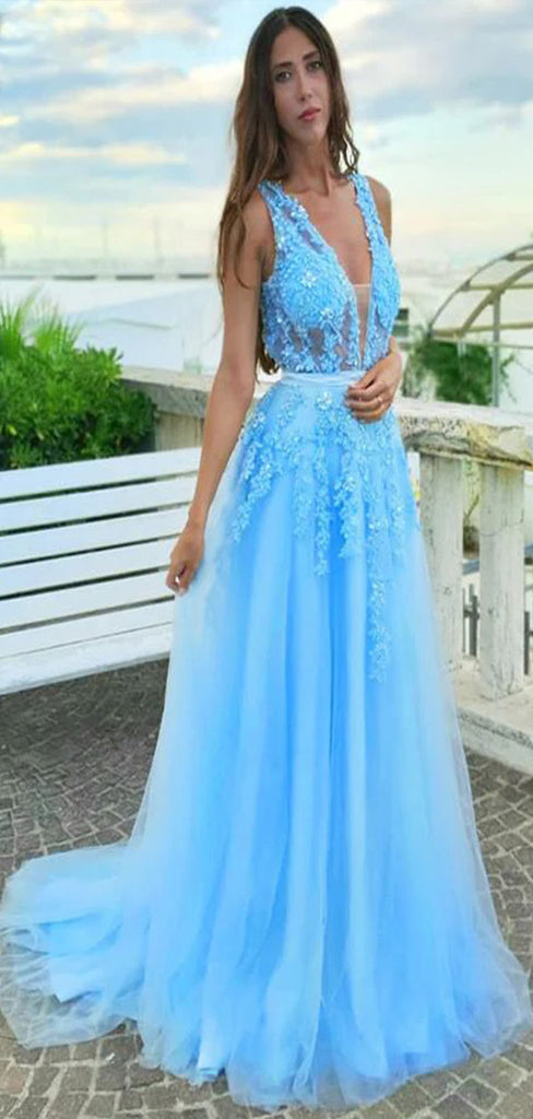 Elegant Light Blue A-Line V Neck Spaghetti Straps Applique Maxi Long Party Prom Dresses,Evening Gowns,FM102