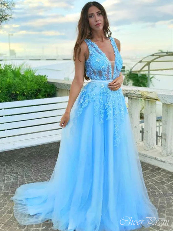 Elegant Light Blue A-Line V Neck Spaghetti Straps Applique Maxi Long Party Prom Dresses,Evening Gowns,FM102