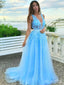 Elegant Light Blue A-Line V Neck Spaghetti Straps Applique Maxi Long Party Prom Dresses,Evening Gowns,FM102