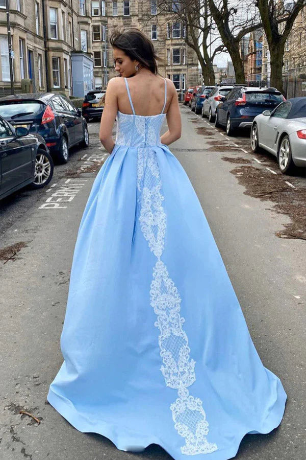 Gorgeous Light Blue A-Line Sweetheart Spaghetti Straps Applique Maxi Long Party Prom Dresses,Evening Gowns,FM104