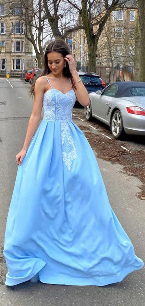 Gorgeous Light Blue A-Line Sweetheart Spaghetti Straps Applique Maxi Long Party Prom Dresses,Evening Gowns,FM104