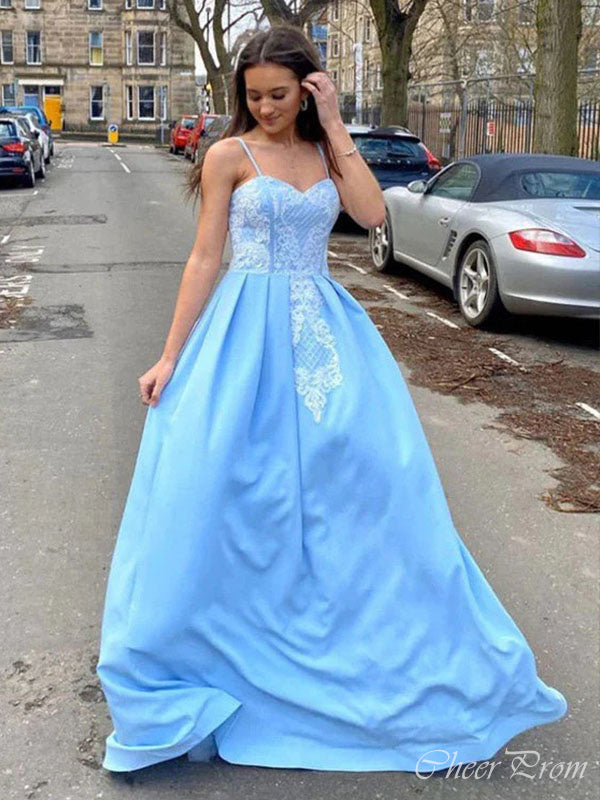 Gorgeous Light Blue A-Line Sweetheart Spaghetti Straps Applique Maxi Long Party Prom Dresses,Evening Gowns,FM104