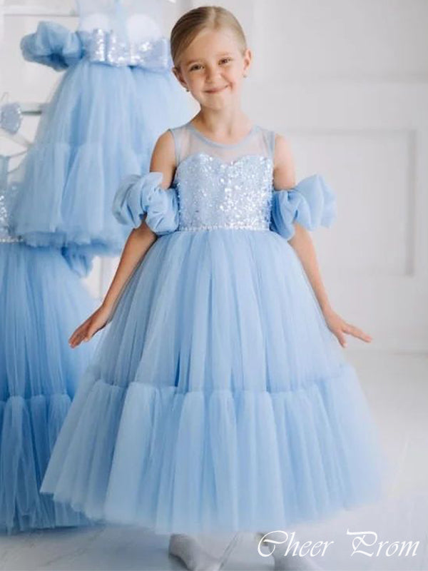 Lovely Baby Blue Ball Gown Scoop Sleeveless Lace Cheap Flower Girl Dresses, Princess Dresses CPF94