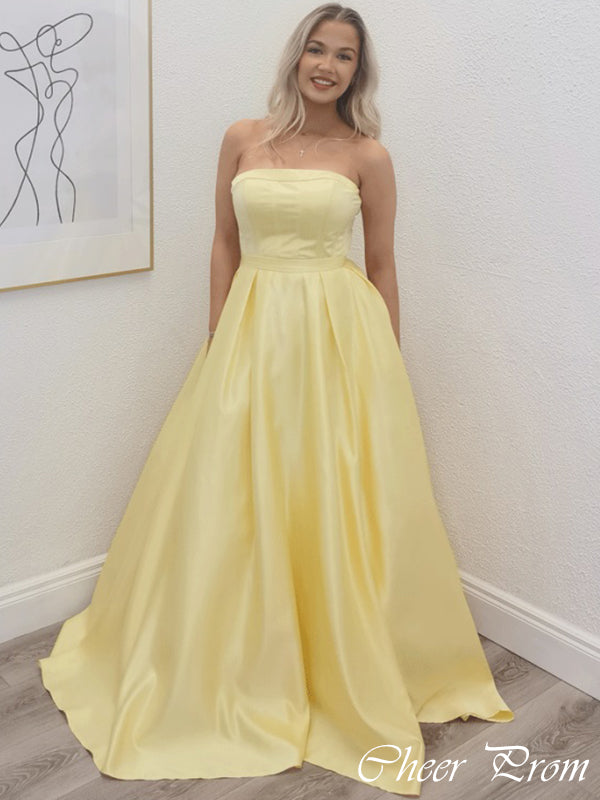 Elegant Yellow Straplesss A-Line&nbsp; Popular Maxi Long Party Prom Dresses, FM590