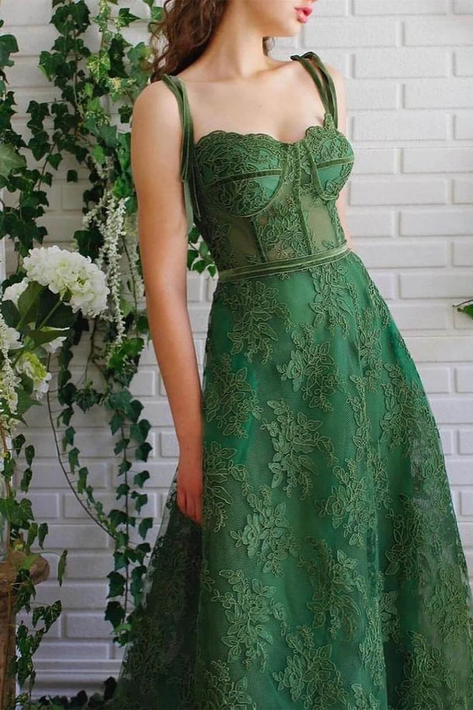 Gorgeous Emerald Green A-Line Sweetheart Spaghetti Straps Applique Lace Maxi Long Party Prom Dresses,Evening Gowns,FM105