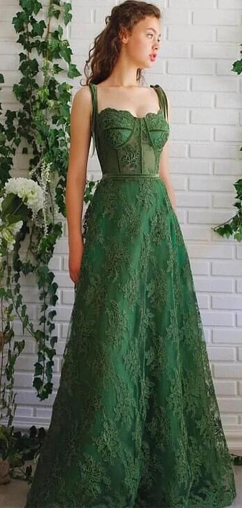 Gorgeous Emerald Green A-Line Sweetheart Spaghetti Straps Applique Lace Maxi Long Party Prom Dresses,Evening Gowns,FM105