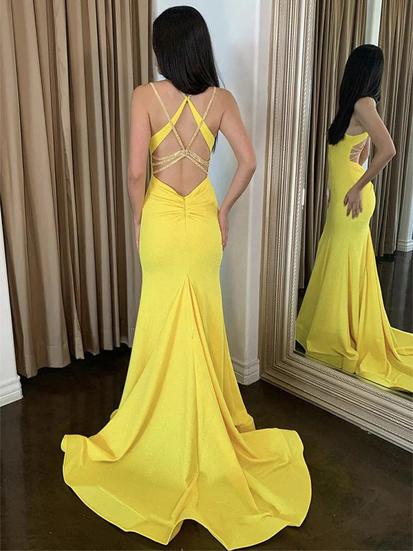 Elegant Yellow Spaghetti Strap Square Mermaid Popular Maxi Long Party Prom Dresses, FM591