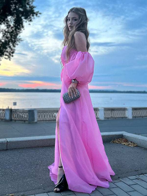 Cute Pink Strapless Off Shoulder Side Slit A-Line Popular Maxi Long Party Prom Dresses, FM597