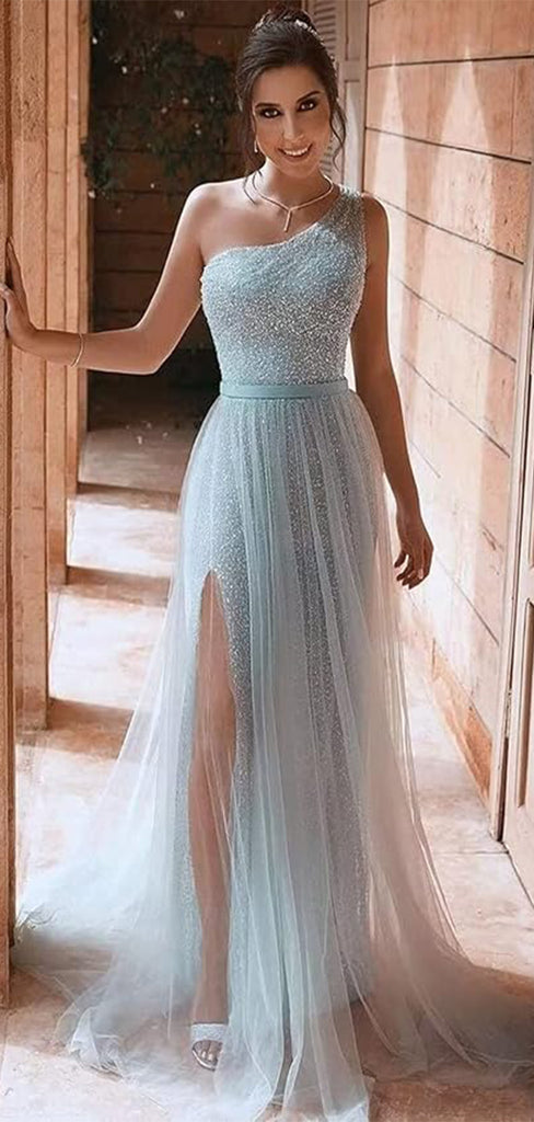 Elegant Baby Blue One Shoulder Side Slit A-Line Popular Maxi Long Party Prom Dresses, FM599