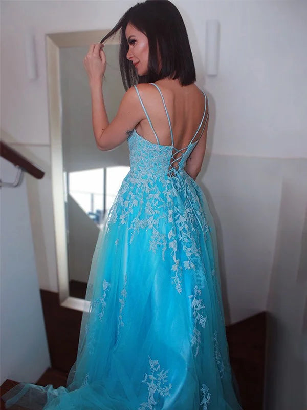 Elegant Light Blue A-Line Spaghetti Straps Applique Lace Maxi Long Party Prom Dresses,Evening Gowns,FM108