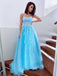 Elegant Light Blue A-Line Spaghetti Straps Applique Lace Maxi Long Party Prom Dresses,Evening Gowns,FM108