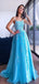 Elegant Light Blue A-Line Spaghetti Straps Applique Lace Maxi Long Party Prom Dresses,Evening Gowns,FM108