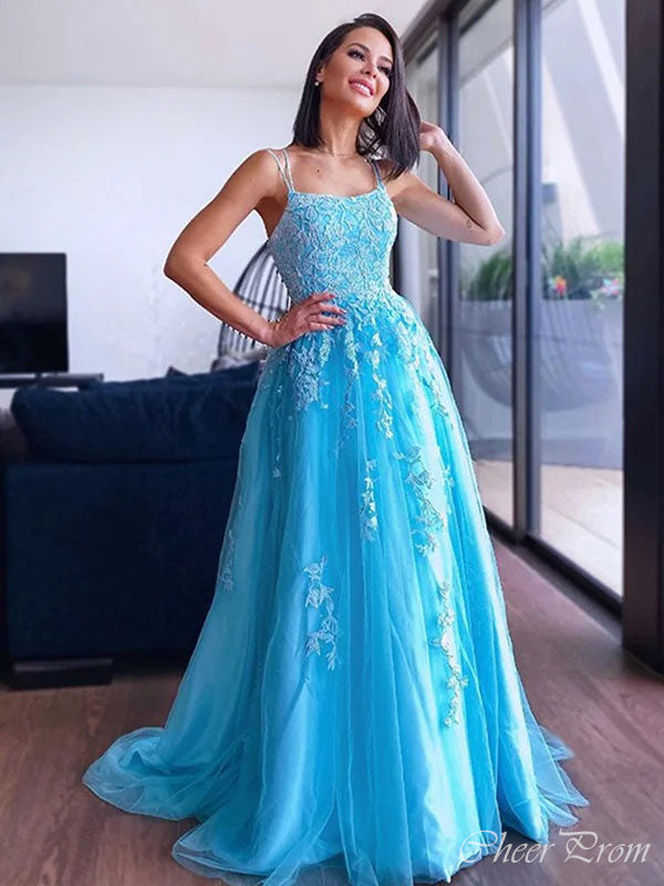 Elegant Light Blue A-Line Spaghetti Straps Applique Lace Maxi Long Party Prom Dresses,Evening Gowns,FM108